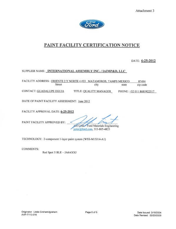 FORD Paint Facility Certification